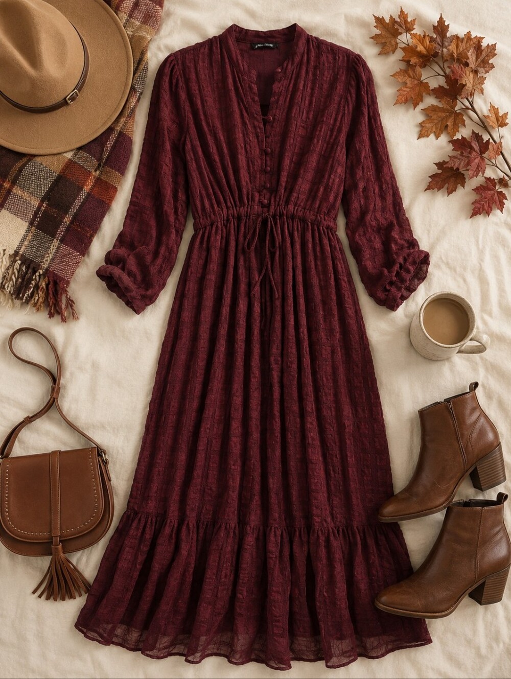 Sowears Modest Cottage Romantic Maroon L Sleeve Poly Maxi Dress. Ladies Small